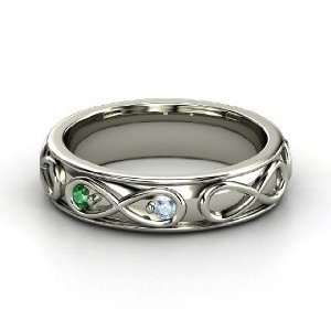 Infinite Love Ring, 14K White Gold Ring with Aquamarine & Emerald