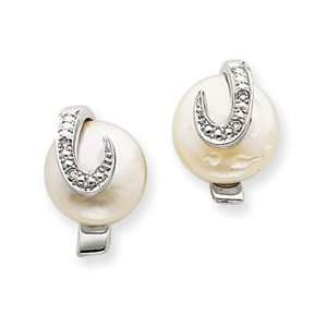  14k White Gold Coin Pearl & Diamond Earrings Jewelry