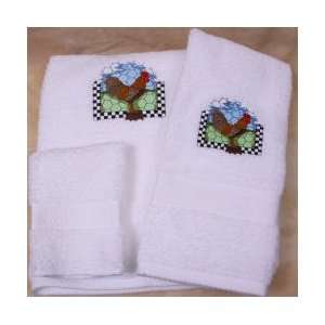 Embroidered Rooster Checked Border on White Bath Towel Set 