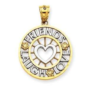  14k Gold and Rhodium Friends, Laugh, Love Circle Pendant Jewelry