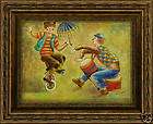 Clowns Unicycle Drums Whimsical Portrait Art   FRAMED OIL PAINTING