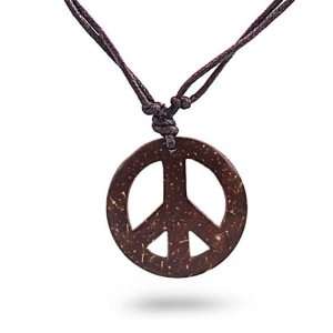 : Adjustable Brown Cord Necklace with Brown Wood Peace Pendant   Cord 