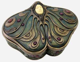 Art Nouveau Deco LADY BUTTERFLY JEWELRY Trinket Box Cameo Bronze 5.5 
