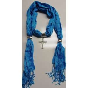   Baby Blue Fashion Scarf with Bejeweled Cross Pendant: Everything Else