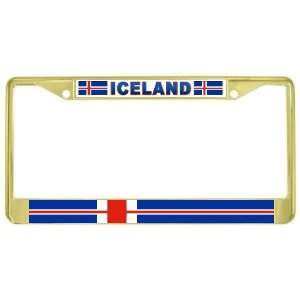  Iceland Flag Gold Tone Metal License Plate Frame Holder 