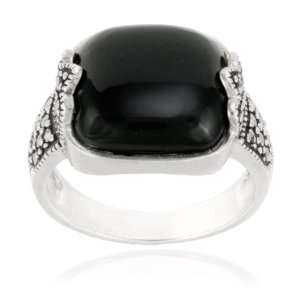  Sterling Silver Marcasite and Onyx Cushion Square Ring 