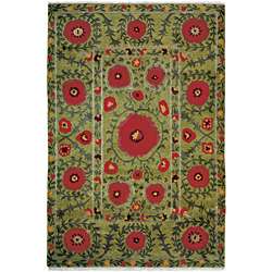   Hand Knotted Green Poppies Wool Rug (26 x 10)  Overstock