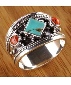 Handmade Silver Turquoise and Faux Coral Ring (Nepal)  