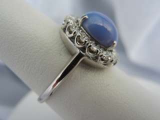 Blue Star Sapphire and Diamond Ring in 14K White Gold   Size 7 1/2 