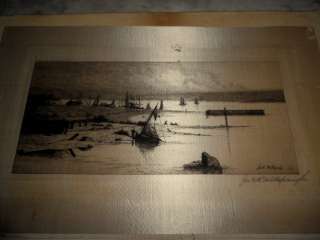   Lake Scene Millspaugh Etching on SILK Signed in Pencil Boats  