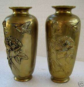 TWO JAPANESE BRASS VASES C 1920s FLOWERS AND BIRDS  