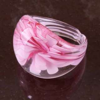 Ga005133 Pink Flower Clear Lampwork Glass Ring Size 8.5  