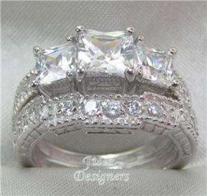 56ct AntiquePrincess 3 stone Wedding Ring Set Sz 8.5  