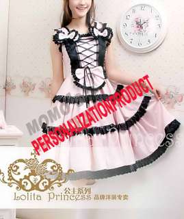 Sweet Gothic Lolita Saloon girl black Lace cute Ball Gown Pink Cotton 
