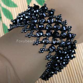 Black Crystal Glass Beaded Weave ~Cuff~ Bracelet Bangle  