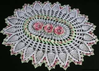 NEW SHADED PINK ROSES AND PINEAPPLE CROCHET DOILY, OVAL  