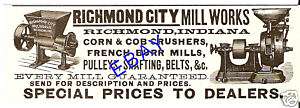 1891 RICHMOND CITY CORN FRENCH BURR MILL AD COB CRUSHER  