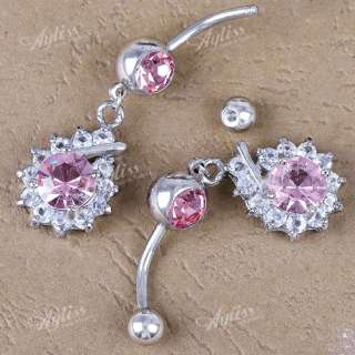 14ga Pink Crystal Glass Dangle Steel Belly Navel Ring  