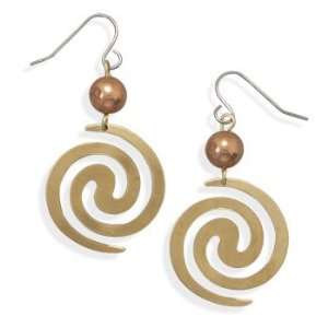  Gold Tone Swirl with Copper Bead Fashion Earrings Jewelry