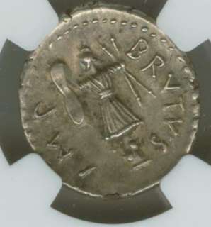 Brutus . 42 BC Ancient Roman Silver Denarius coin . NGC  