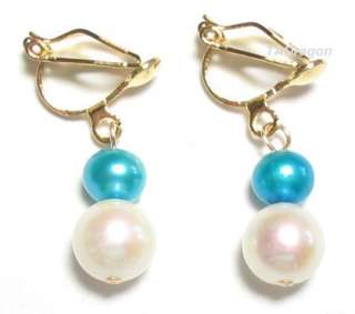 Genuine White & Blue Pearl 18K YGP Clip On Earrings  