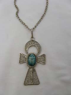 Egyptian Pewter ankh With Ceramic Scarab Necklace 2.75  