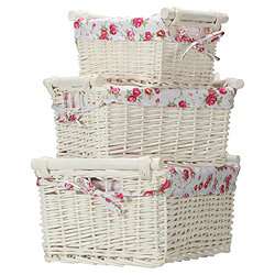 Buy White wicker set of 3 baskets with wooden handles and floral 