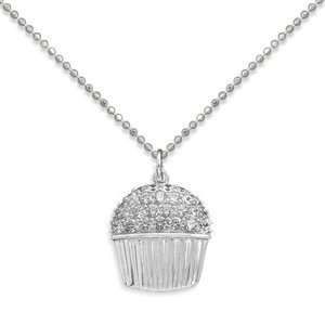 Cupcake Necklace with Icy Cubic Zirconia CZ Frosting Rhodium Plated 