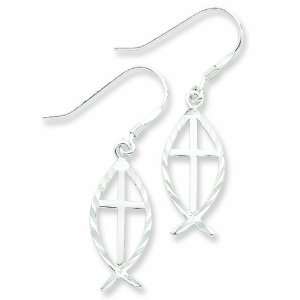  Sterling Silver Diamond Cut Cross W/Fish Earrings: Jewelry