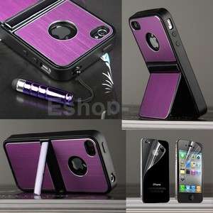   4G 4S Purple Aluminum TPU Hard Case Cover W/Chrome Stand+Free Pen&Film