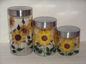 NEW 3PC SUNFLOWER CANISTER SET Glass Kitchen Canisters  
