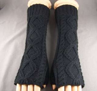Black cable knit long arm warmers fingerless gloves open thumb texting 