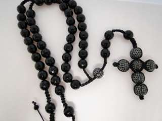 NEW MENS BLACK OR WHITE SIMULATED DIAMOND ONYX ROSARY NECKLACE CHAIN 