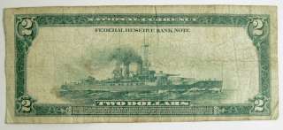 1918 $2 Federal Reserve Note Jefferson Battleship American Bill 