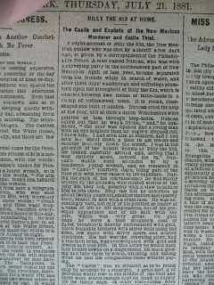 Billy The Kid DEAD Old Wild West 1881 Newspaper gun fight colt 