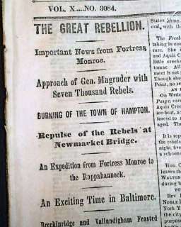 1861 Civil War Newspaper BURNING OF HAMPTON VA Battle of Dug Springs 