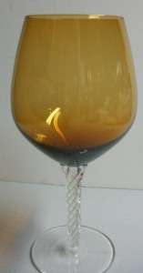 Beautiful Blown Amber Brandy Glass / Goblet With Clear Air Twist Stem 