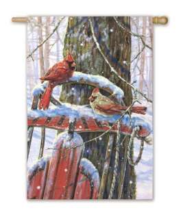 Winter Sled Red Cardinals Snow Silk Reflections Large Flag  