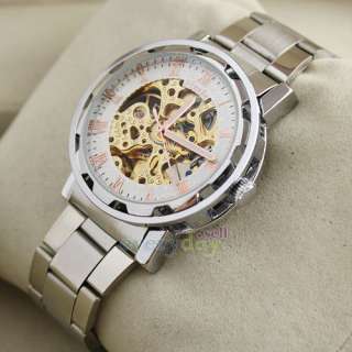   Stainless Automatic Skeleton WATCH White Face Rose Gold Hand Light