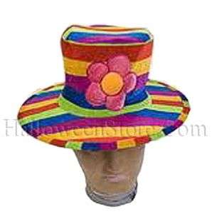Rainbow Striped Clown Top Hat Pink Flower Wacky Cap  