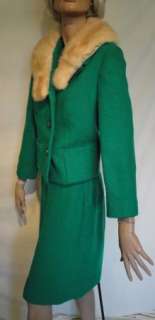 Stunning Vintage Green Wool Suit Mink Collar B38  