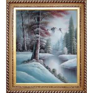 White Snow Mountain and Aspen Tree Oil Painting, with Exquisite Dark 