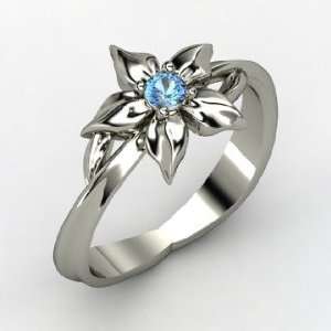  Star Flower Ring, 18K White Gold Ring with Blue Topaz 