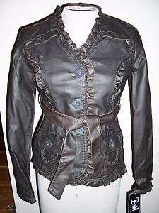 JUNIORS B HIP ! BY ME JANE FAUX LEATHER JACKET MEDIUM BROWN NWT RUFFLE 