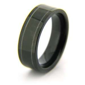  8mm Black Tungsten Carbide Flat Pinstripe Ring: Jewelry