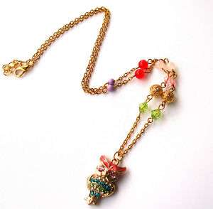 Gold Purple Green Rhinestone Owl Beads Necklace H108GR  