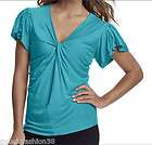 NWT FEVER* SEA TURQUOISE RAYON/SPAN TWIST FRONT TOP W/ PLEATED FLUTTER 