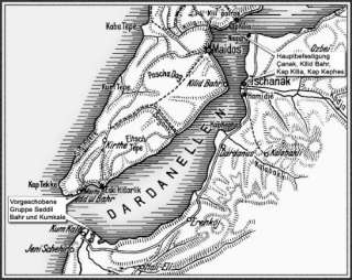 Kartenausschnitt der Dardanellen und der Halbinsel Gallipoli mit den 