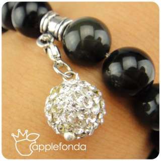 Z81 Obsidian Strech bracelet with Crystal Disco ball Beads Black 10 mm