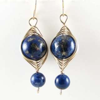 Lapis Lazuli Gemstone Dangle Earrings 14K Rolled Gold  